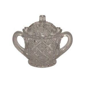 Vintage Pressed Glass Sugar Bowl With Lid Double Handle Cottagecore